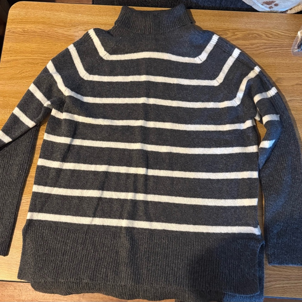 Gray and White Striped Turtleneck Sweater